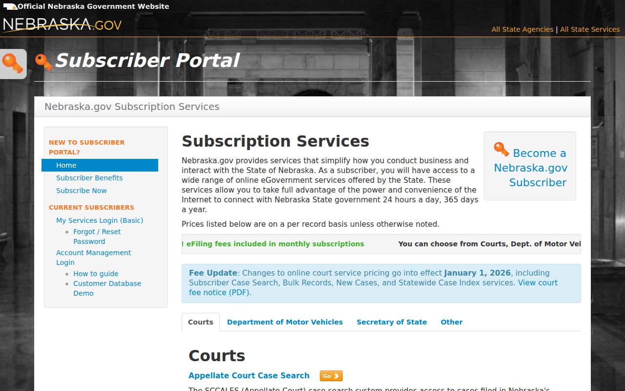 Keya Paha County case search Nebraska subscriber service fee explanation