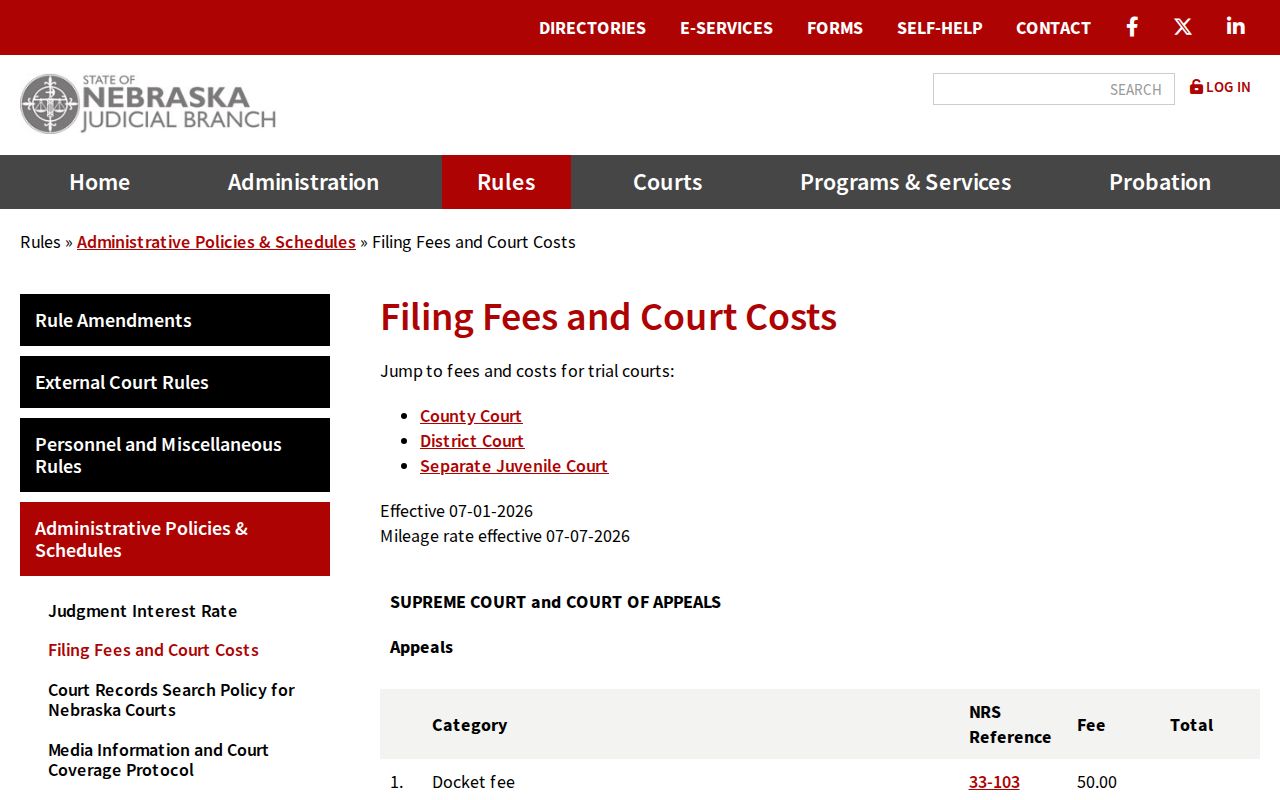 Keya Paha County civil docket court filing fee schedule reference