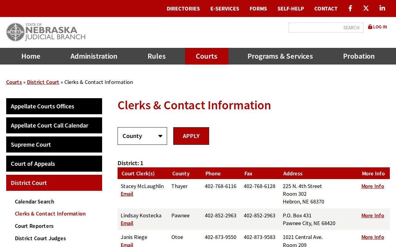 Keya Paha County court calendar district clerk directory